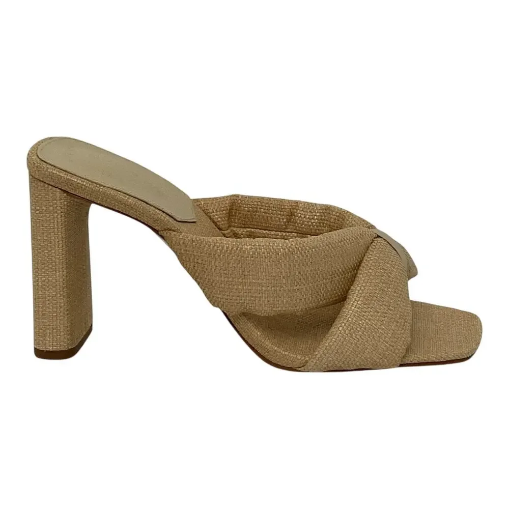 Schutz Women's Fairy Tied Straps Block Heel Slip On Sandals Beige Size 9 1/2